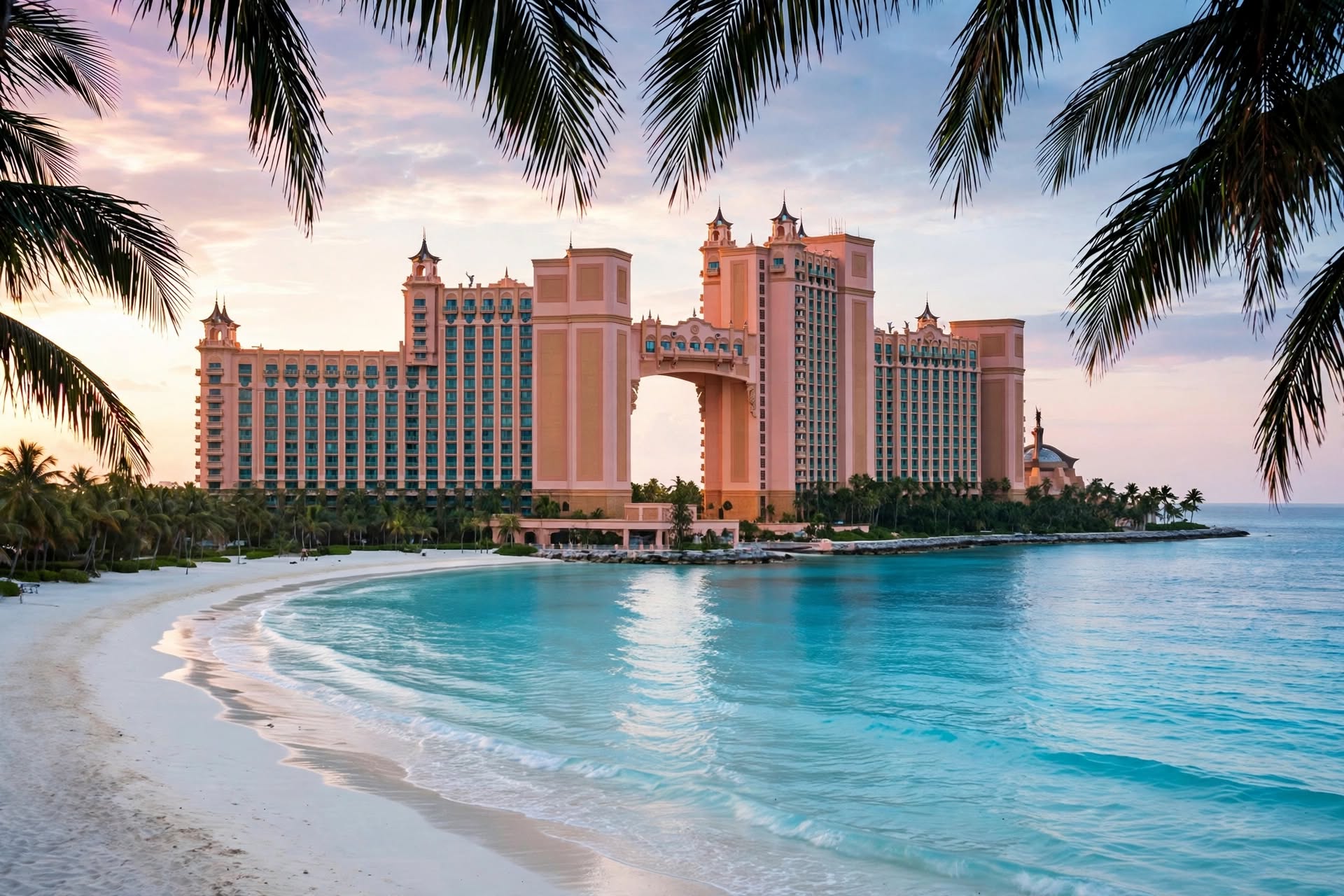 Iconic coral pink resort towers rising beside turquoise waters and pristine white Caribbean sand