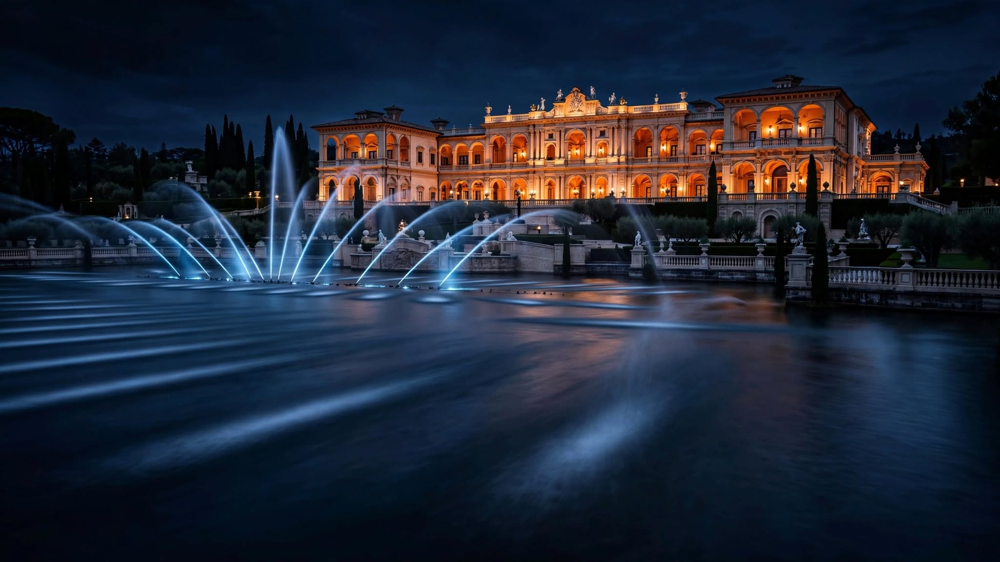 Illuminated resort tower overlooking an expansive ornamental lake and fountain display at dusk